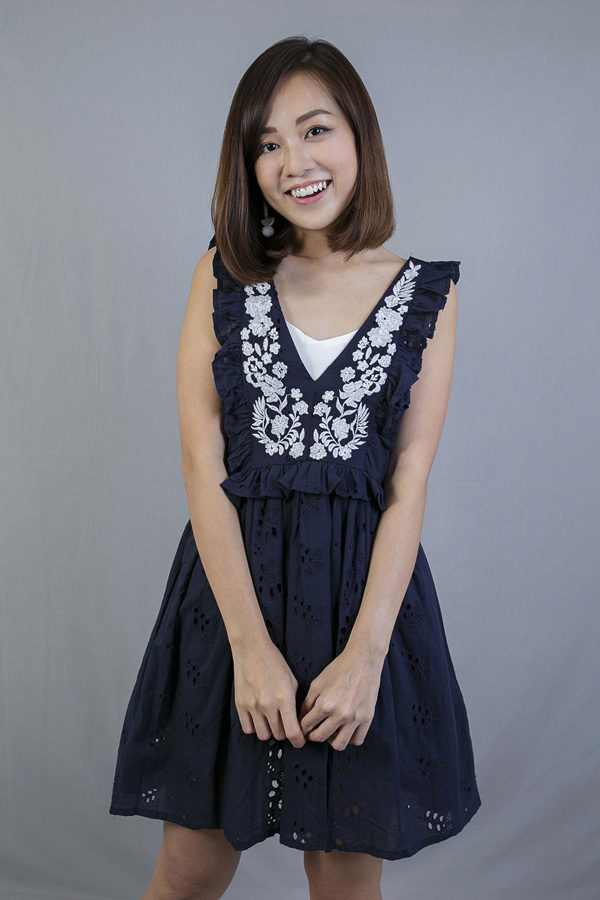 DAELYN EMBROIDERY EYELET DRESS (NAVY BLUE)